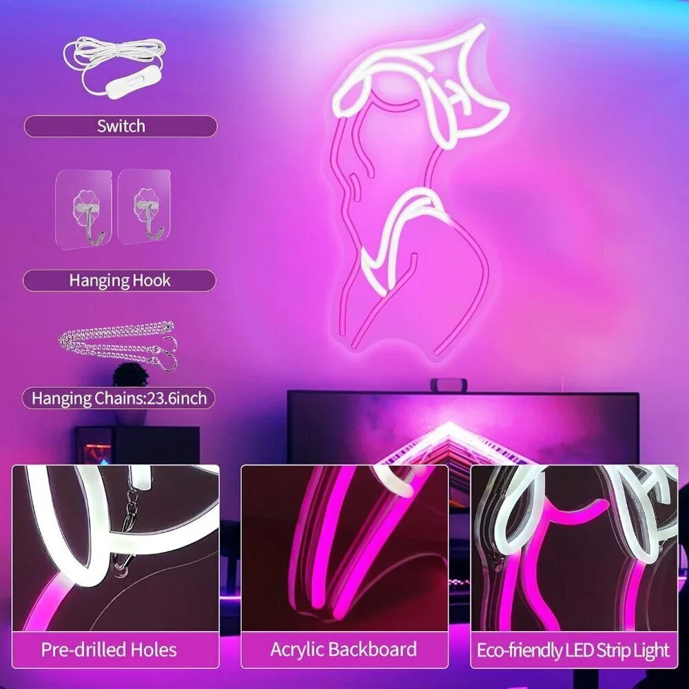 🆕Lady Neon Wall Decor Pink White LED Light Sign for Preppy Room Decor Light